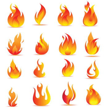 Cartoon red flame. Fire flames, hot fireball, danger wildfire campfire and bonfire elements, fire frames and flaming borders isolated vector set