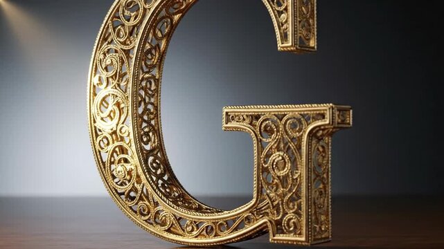 Elegant golden letter G with intricate filigree design, standing on a wooden surface.