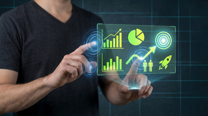 Obraz premium User interacting with futuristic glowing holographic business charts and icons representing data analysis growth and innovation in a dark digital spac