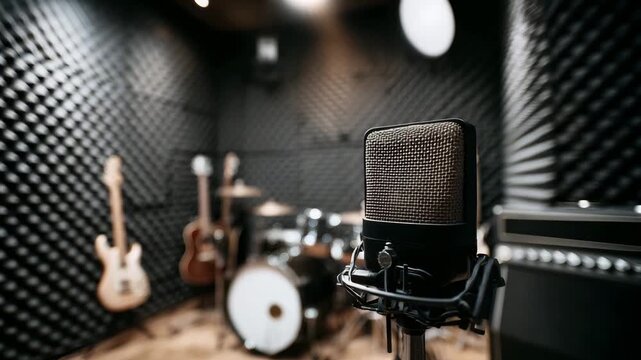 Professional recording studio featuring a microphone, guitars, and a drum set ready for music sessions