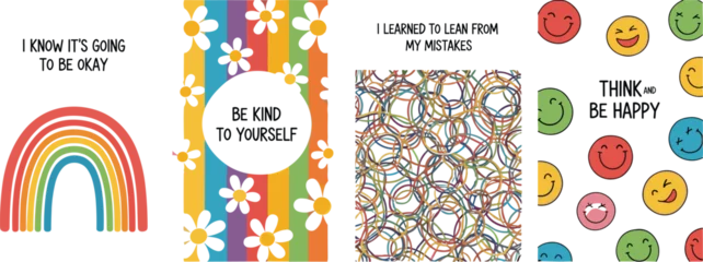 Fotobehang Positive Typography Vector illustration of four motivational panels featuring rainbow, flowers, rings, and expressive faces with positive messages  © MstAlea
