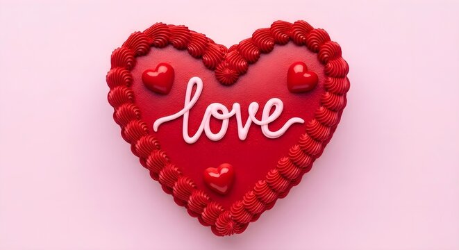 Red Velvet Cake: Heart shaped cake with red cream frosting, pink love script, small 3d hearts, pink background, top view dessert, bakery and romantic birthday concept