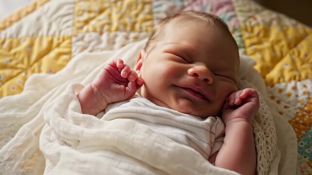 Newborn baby sleeping on quilt