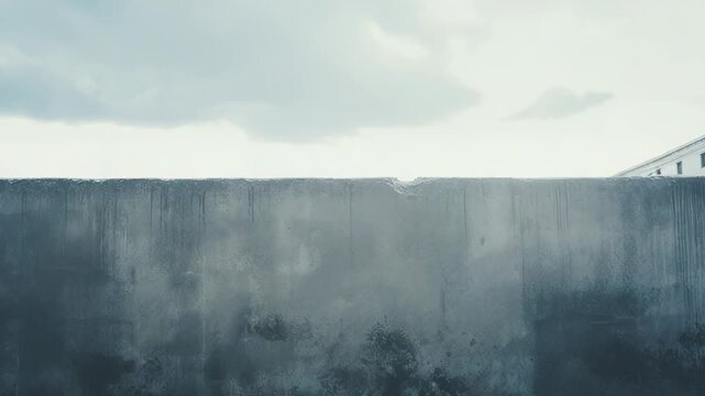 Rough concrete wall displaying weathered texture and damp stains, standing over a wet paved floor with a cloudy horizon creating a strong boundary concept and empty copy space