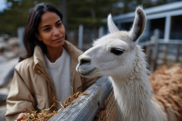 Obraz premium A warm image of a woman interacting with a friendly llama at a farm, illustrating the connection between humans and animals and the joy of nurturing bonds.