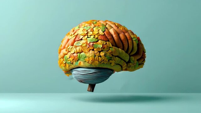 Floating human brain covered vibrant yellow orange flower petals blooming intricate patterns teal base minimal background surreal anatomy