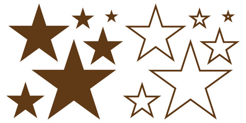 Obraz premium Collection of various size brown stars, some filled and some outlined, on a clean white background, versatile decorative elements