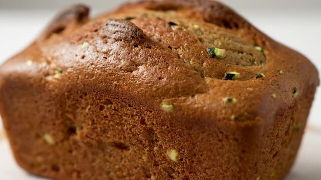Freshly baked golden brown zucchini bread loaf viewed in close-up showcasing the rustic crust and moist texture of the homemade sweet dessert.