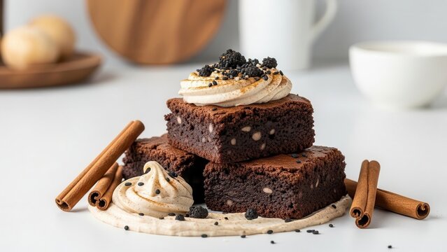 Stack of rich chocolate brownies topped with creamy frosting and dark crumbs, served with cinnamon sticks on a white surface