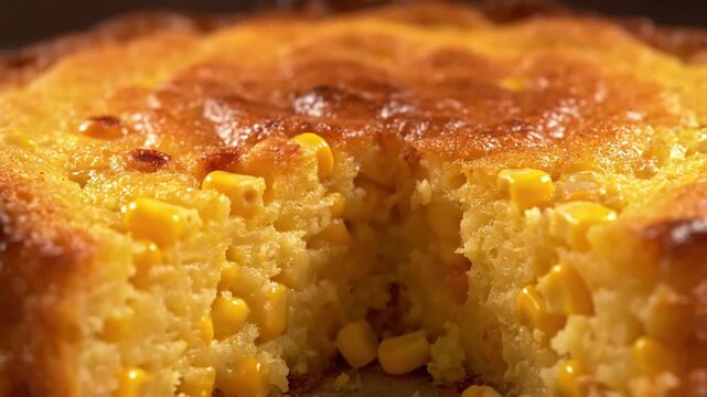 Macro Shot of Moist, Golden Cornbread or Brazilian Corn Cake (Bolo de Fub&aacute;), Freshly Baked with Visible Corn Kernels and Rich Texture
