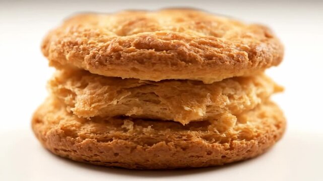 Stack of Three Golden Flaky Shortbread Cookies on White Background, Highlighting Crispy Baked Texture