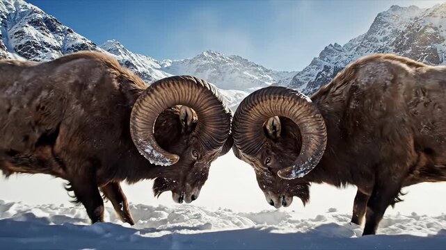 Two rams locking horns in snowy mountains
