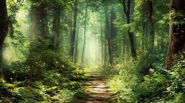A serene forest path bathed in sunlight, surrounded by lush green foliage. A pathway inviting exploration.