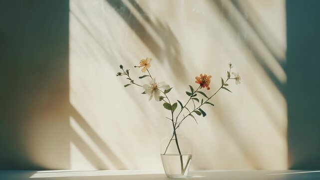 Serene white and pale orange blossoms in a clear glass vase on a minimalist table, soft sunlight casting long dappled shadows on a warm beige wall, peaceful and calm