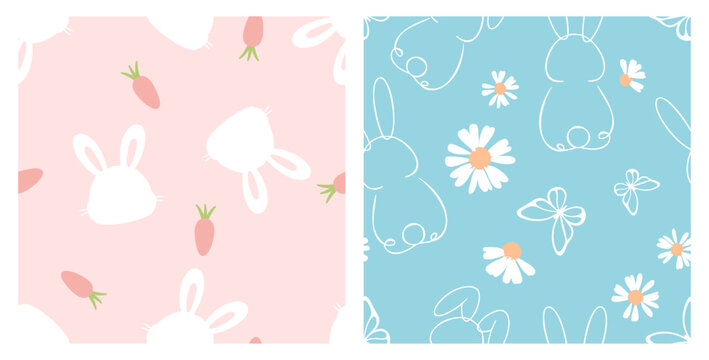 Cute seamless bunny pattern set with carrot and daisy elements in soft pink and blue pastel tones, featuring minimalist animal silhouettes and line art for nursery decor, fabric prints.