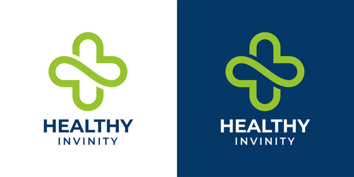 Infinity and medical logo design vector illustration. Plus Sign Infinity Health Medical Green Logo Design Vector Template