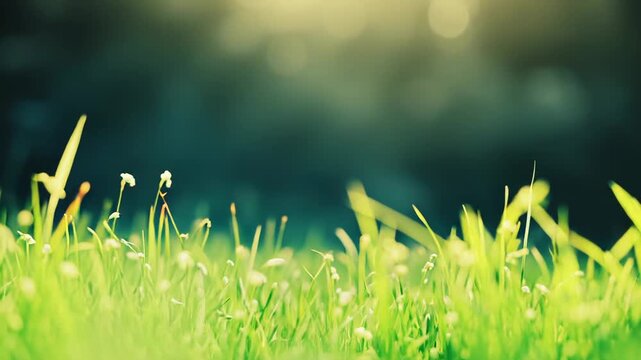 Vibrant green grass blades, interspersed with small white flowers, catching soft golden light from a blurred bokeh background, evoking themes of freshness, growth, and natural beauty