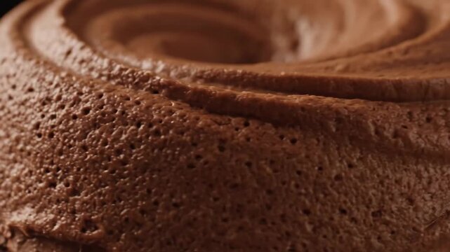 Extreme close-up of rich dark chocolate mousse texture featuring porous surface, airy bubbles, and decorative spiral swirl design.