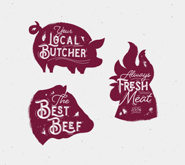 Butcher set meat chicken beef and pork illustration drawing in vintage sketch style with grey color on red background © anna42f
