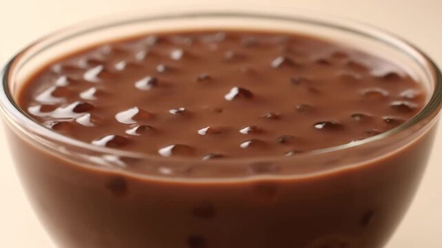 Rich close-up of creamy chocolate tapioca or sago pudding dessert served in a clear glass bowl, showcasing the glossy texture and brown pearls.