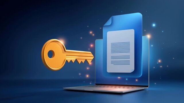 Golden Security Key Protecting Digital File Data Privacy on Blue Laptop