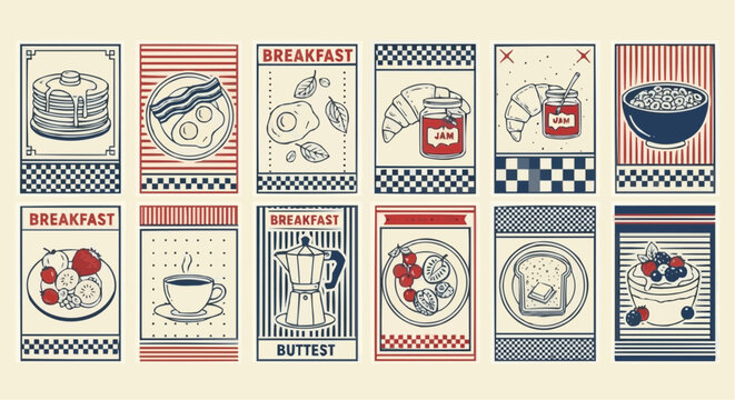 Vintage style breakfast menu cards collection with various food illustrations and retro patterns