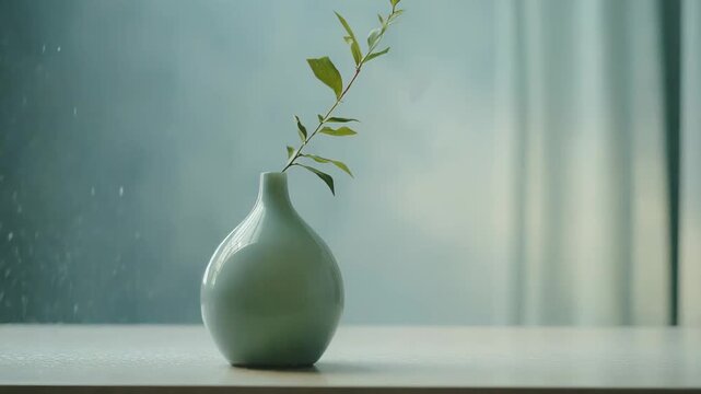 Minimalist ceramic vase displaying a fresh green branch on a wooden table, representing growth, tranquility, and natural decor in a clean, elegant setting