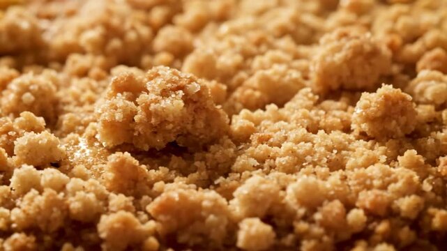 Macro Close-Up of Golden Crunchy Crumble Topping Texture. Detailed View of Freshly Baked Streusel Crust or Apple Crumble Dessert Surface.