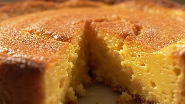 Close-up of a freshly baked golden cheesecake or dense custard pie with a perfectly caramelized crust, showing the rich, creamy yellow interior where a slice has been cut out.