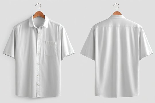 Clean white short sleeve button down shirt displayed on hangers, front and back view