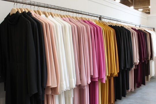 A diverse collection of modest islamic clothing in various colors, hanging on a clothing rack