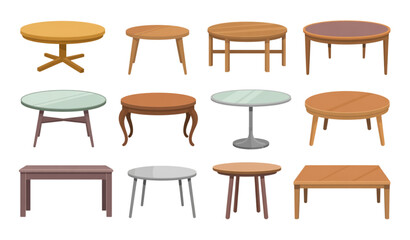 Minimal modern tables set in various shapes and colors isolated on white background furniture vector design