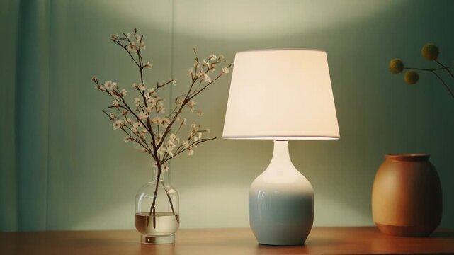 Modern lamp with a lit shade provides cozy ambiance, complementing a glass vase holding delicate white spring flowers, creating a peaceful and minimalist interior decor setup