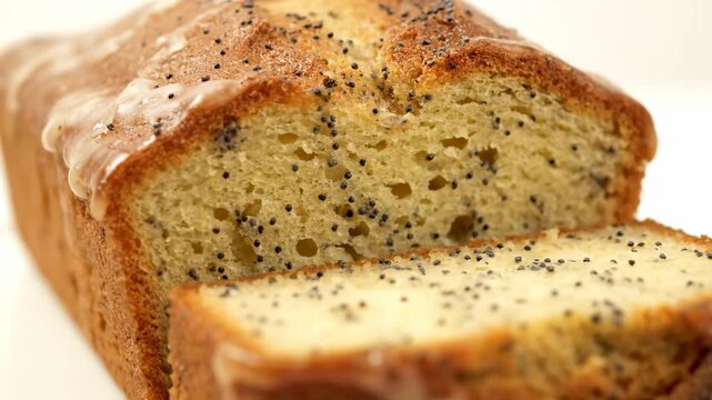Delicious lemon poppy seed loaf cake covered in sweet sugar glaze, with a visible slice showing the moist texture and black seeds, shot on a bright white background.