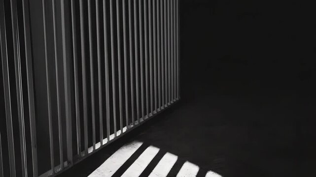 Pattern of dark shadows from a balcony railing creating a sense of isolation and confinement on a textured light grey concrete floor with strong contrast