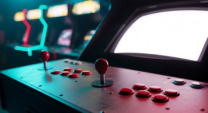 Close-up of retro arcade game machine with illuminated screen and red joysticks