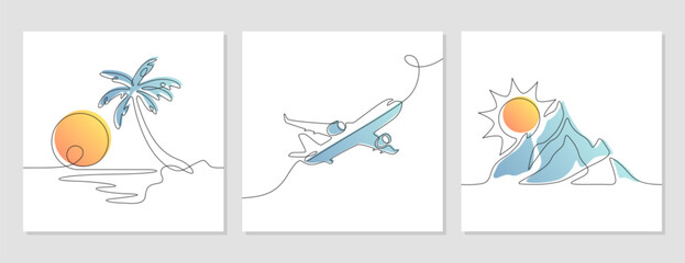 Fototapeta premium Vector doodle continuous one line art drawing of airplane in sky, mountain, sun, island with palm tree and ocean. Minimal linear travel silhouettes. Single outline journey icons posters or banners