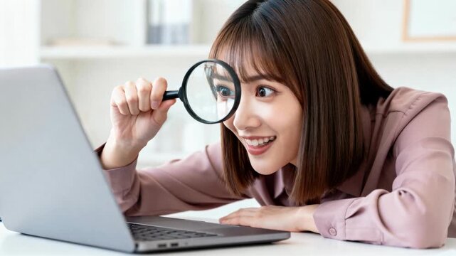 Curious asian woman using a magnifying glass while searching and analyzing information on a laptop in a recruitment and research concept.