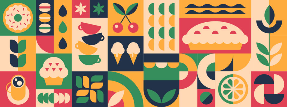 Abstract geometric coffee pattern with bakery, drink cups, plant, tea leaves, pie, sweets icons or bauhaus brutalist elements. Vector minimalist seamless background, design template for cafe menu