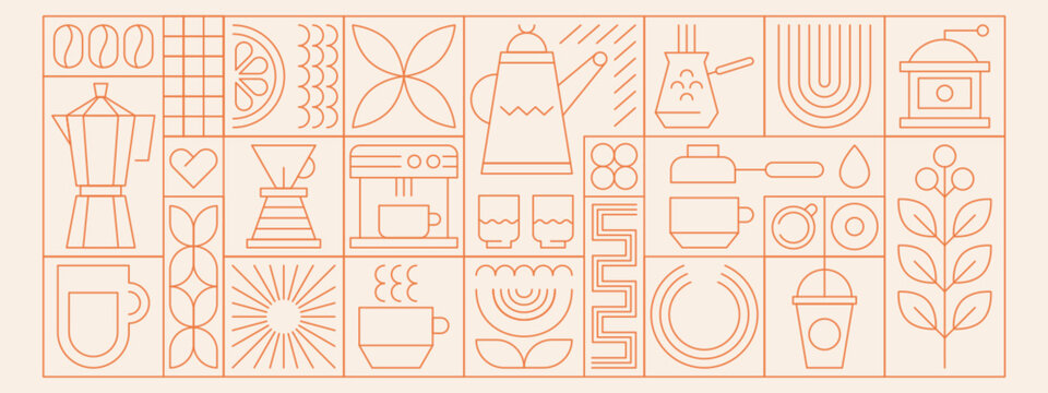 Abstract geometric coffee pattern in minimalist style. Vector seamless background with line art beans, drink cups, hot pot, plant, leaves, bauhaus simple shapes elements. Design template for cafe menu