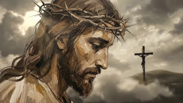 Jesus Christ with crown of thorns and cross, a religious concept illustration for faith and sa