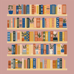 This flat vector style bookshelf design features patterned book spines, indoor plants, and warm earthy tones, creating a cozy, creative, and stylish home library atmosphere.  © polinashafakde
