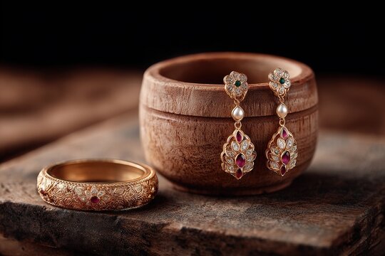 Elegant gold jewelry including earrings and a bangle displayed on wood