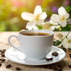 Hot Beverage in Ceramic Cup on Wooden Table with Coffee Beans and Floral Decoration