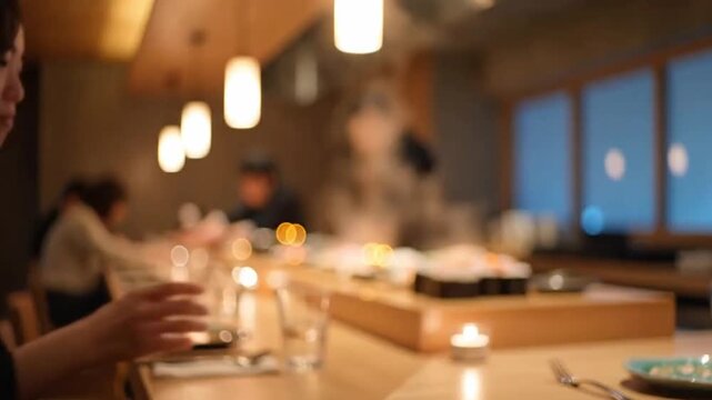 Cozy dimly lit sushi bar with people dining at the counter and a chef preparing food in the background
