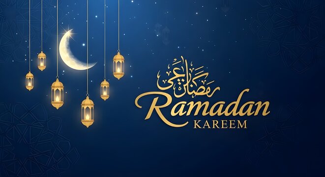 Premium Ramadan Kareem Banner with Arabic Calligraphy, Golden Hanging Lanterns and Crescent Moon on Dark Blue Background
