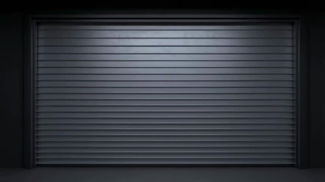Dark garage door opening and closing in a modern setting. Represents security, storage solutions, and industrial design