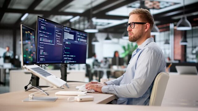 Young Caucasian Man Developing Software Using Computer