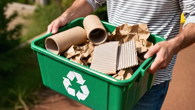 Person holding a green recycling bin filled with cardboard and paper for waste sorting.