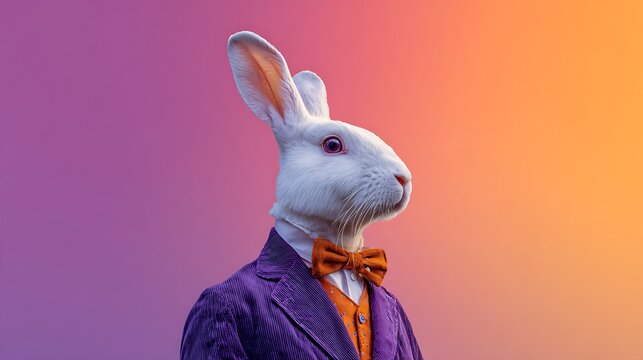 White rabbit in purple suit with orange bow tie